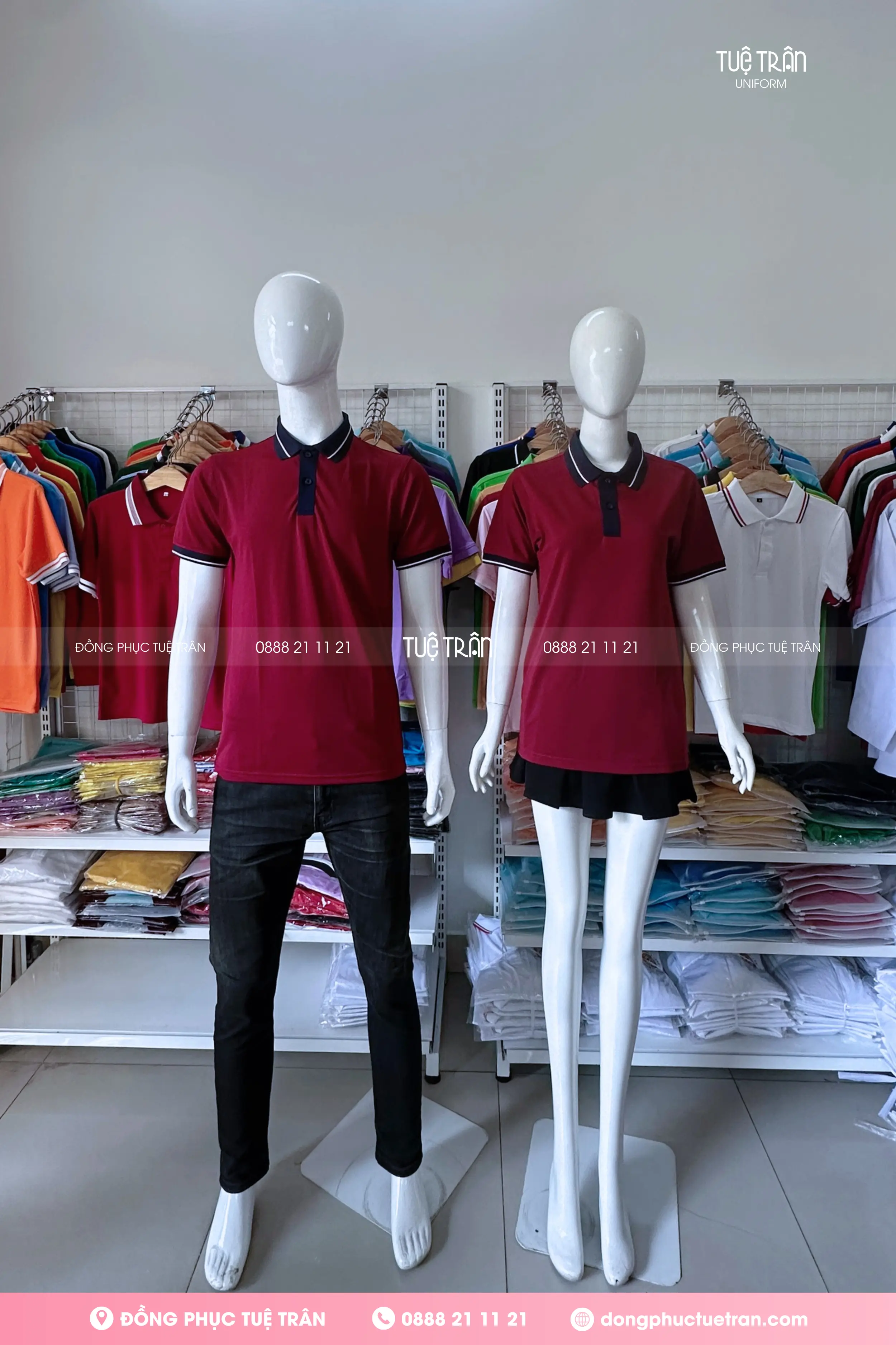 Áo thun đồng phục đỏ đô phối cổ xanh đen sọc trắng